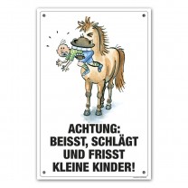 Comic Schilder - Warnschild "Achtung: Beißt, schlägt und frißt kleine Kinder"